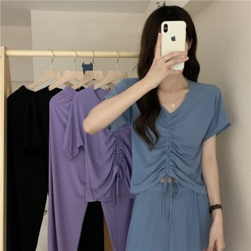 Woman Pijama Set Summer and Autumn Short Sleeve Fold Soft Breathable Pure Color Pajamas Leisure Can Wear Outside Leisurewear