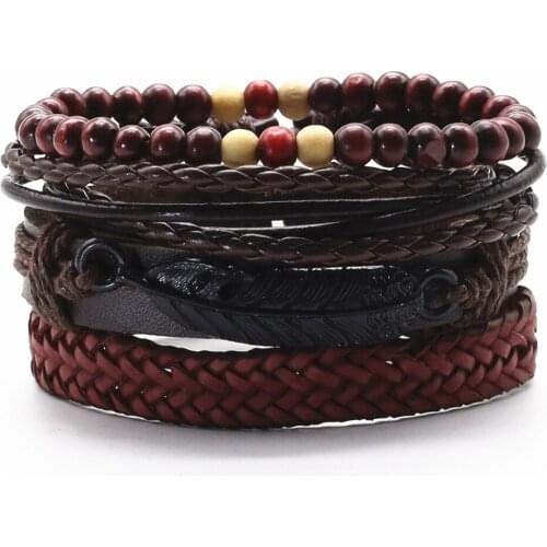 Feather Khaki Cross Wooden Beads Rope Wrap Woven Rivet Black Leather Men Bracelets Women Fashion Bangle male Jewelry