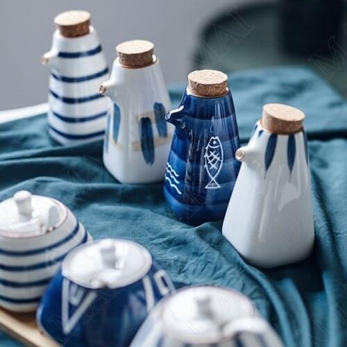 Underglaze Ceramic Olive Oil Bottles Japanese-style Porcelain Soy Sauce Cruet Seasoning Container Kitchen Spice Organizer Jars