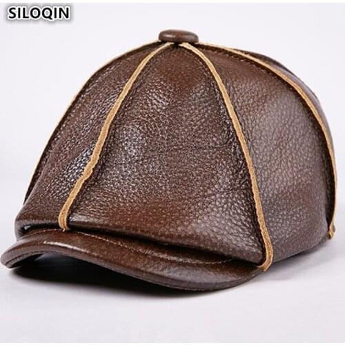 SILOQIN Genuine Leather Hat Mens Autumn Winter First Layer Cowhide Berets High Quality Ladies Brand Earmuffs Couple Hats Gorras
