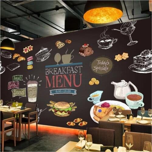 Modern Blackboard Hand-painted Western-style Fast Food Breakfast Menu Mural Wallpaper Restaurant Industrial Decor Wall Paper 3D