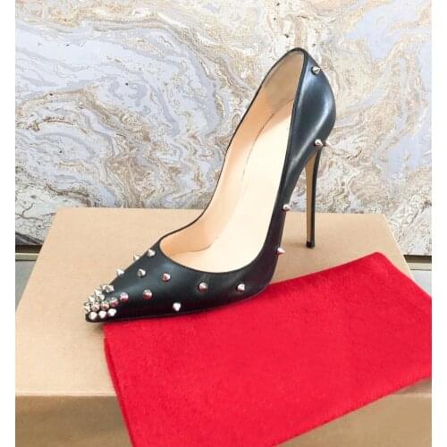 Sexy lady fashion women shoes black matt leather spikes rivets pointy toe stiletto stripper High heels pumps party shoes size 44