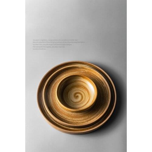 Japanese-Style Pottery Dessert Plate Тарелки Для Еды Brown 8-Inch And 9-Inch Plain Plate With Simple Atmospheric Thread