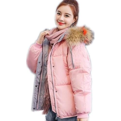 Print Letter 2018 Short Cotton-Padded Jacket Warm Winter Jacket For Women Fur Collar Coat Women Loose Women Outerwear ParkaQ1003