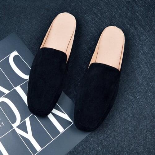 Woman Autumn Suede Low Heel Lazy Slippers Big Size EU43 Outdoor Designer Slides Womens Mules Shoes Outdoor Platform Flip Flops