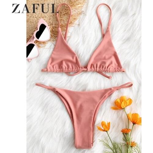 ZAFUL Swimwear Women Cami Bralette Thong String Bikini Set Sexy Low Waist Tie Spaghetti Straps 2021 Female Beach Swimsuit Biquni