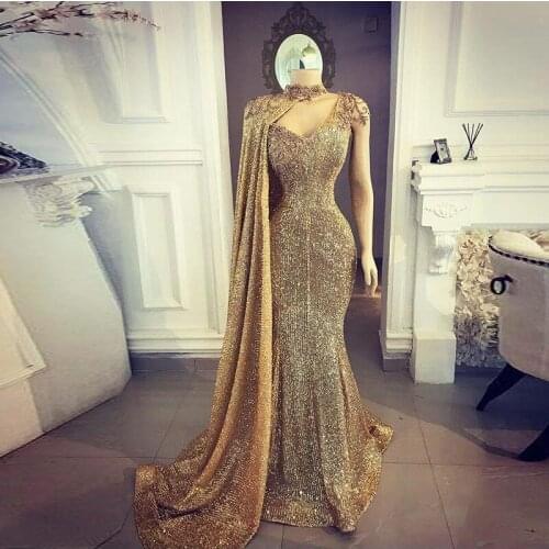 Gold Sequined Mermaid Evening Dresses with Shawl V Neck Appliques Sweep Train Special Occasion Dress Shiny Celebrity Gowns