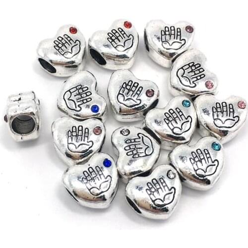Free shipping 50pcs 11mm mix color rhinestone big hole alloy heart beads fit European bracelet and necklace DIY