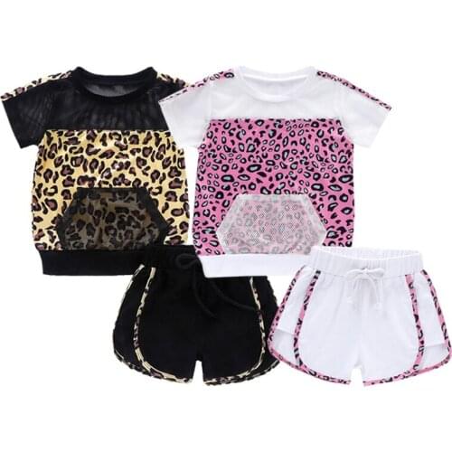 Summer Girls Clothing Sets 2020 Baby Girl Short Sleeved T-shirt Shorts Suit Kids Leopard T shirts Breathable Sports Clothes Set