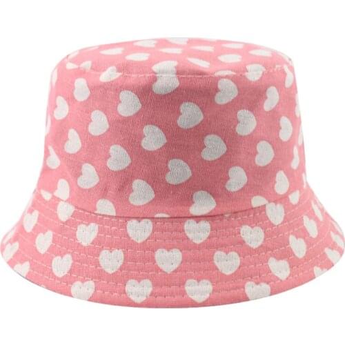 New Reversible Pink Love Heart Print Bucket Hats Sun Cap For Women Fishing Hats