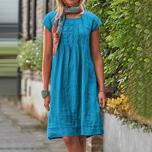 4# Cotton Linen Dress summer Womens U-neck Loose Dress 2021 Ladies Stitching Mid-length Short-sleeved Female Beach Dress Платье