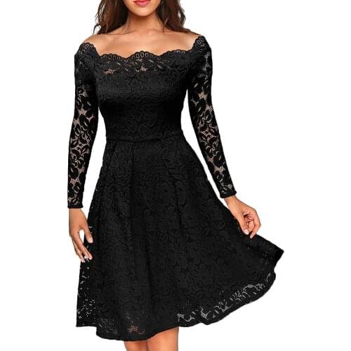 Autumn Women Sexy Hollow Out Lace Off Shoulder Long Sleeve Tight Waist Party Midi Dress Slash neck Fit and Flare Vintage Dress