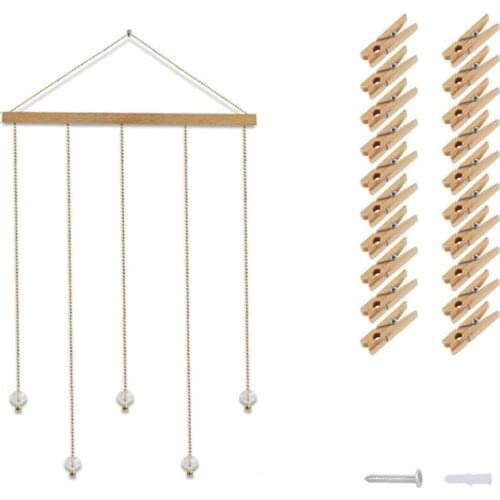 Natural Wooden Photo Frame Postcards Display Shelf Decorative Wall Hanging Photo Rack With 20 Clips Golden Chain Crystal Pendant