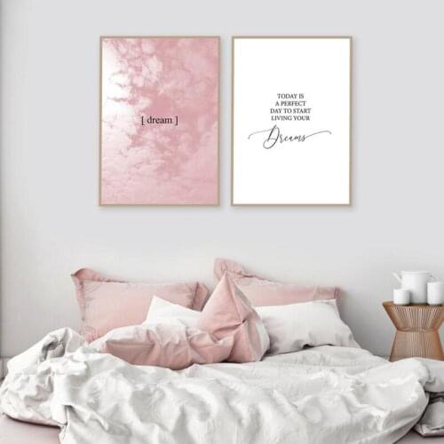 Scandinavian Quote Posters Dream Inspirational Canvas Prints Blush Pink Clouds Painting Picture Pink Bedroom Wall Art Decor