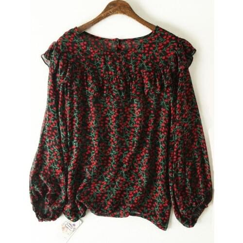 Vintage Floral Printed Female Silk Blouse Natural Silk Boho Blouses with ruffle for women Sweet Long Sleeve Cherry print Blouses