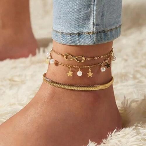 YC-UPGO New Summer Beach Anklets Gold Color Double Star Ball Pendant Bohemian Handmade Beaded Anklet Jewelry Sandals Gift