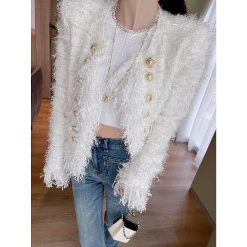 2021 Autumn Winner Luxury New Women Tassel Shoulder Padded Knitted Cardigans Coat Female Chic Sweater 2 Color Ladies Gdnz 8.08