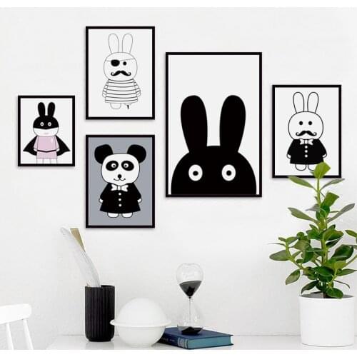 07G Nordic Cartoon Black And White Rabbit Animal A4 A3 Canvas Art Print Poster Picture Wall Children Bedroom Decoration