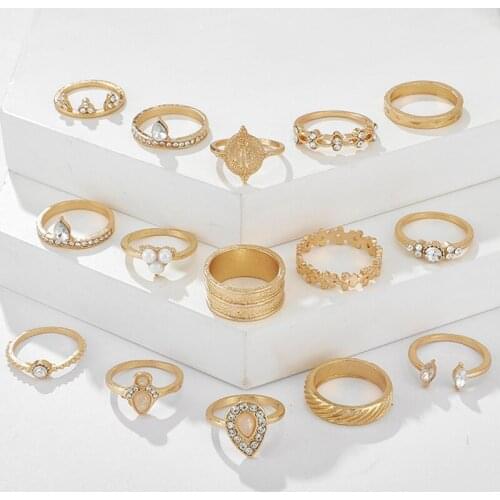 15pcs/set Boho Vintage Women Zircon Flower Opening Adjustable Ring Heart Geometric Finger Rings Set Female Jewelry Accessories