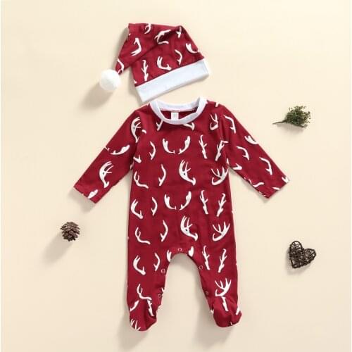 2Pcs Baby Boys Girls ClothesToddlers Creative Antler Printing Long Sleeve Round Collar Footed Jumpsuit + Plush Ball Cap
