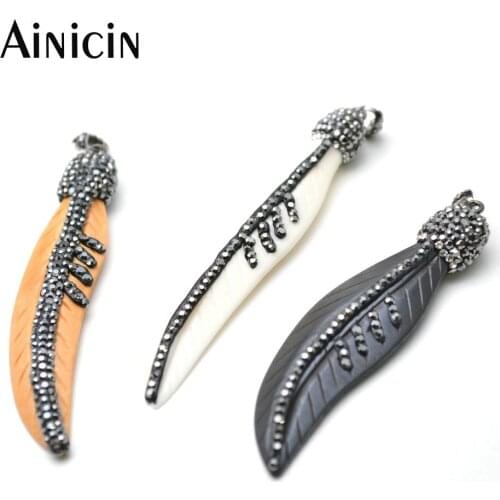 5pcs Ox Bone Carved Leaves Pendants Rhinestone Paved Black Yellow White Leaf Gift Jewelry for Women