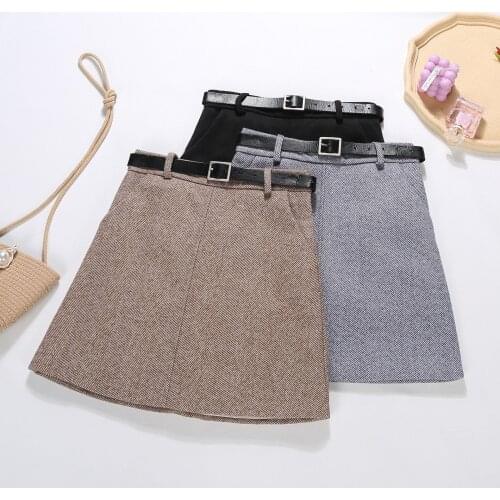 Basic High-waist Woolen A-line Skirt 2021 Spring And Autumn Korean Version Of All-match Thin Skirt Skirt With Belt Gothic Saia