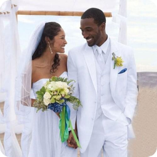 White Men Suits Wedding Beach Party Peaked Lapel Slim Fit Groom Tuxedos 3Piece Pants Vest Best Man Blazers Jacket Costume Homme