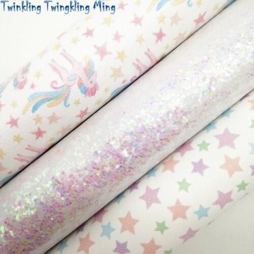 Glitter Fabric, Stars Printed Synthetic Leather, Unicorn Faux Fabric Sheets For Bow A4 21x29CM Twinkling Ming XM024F