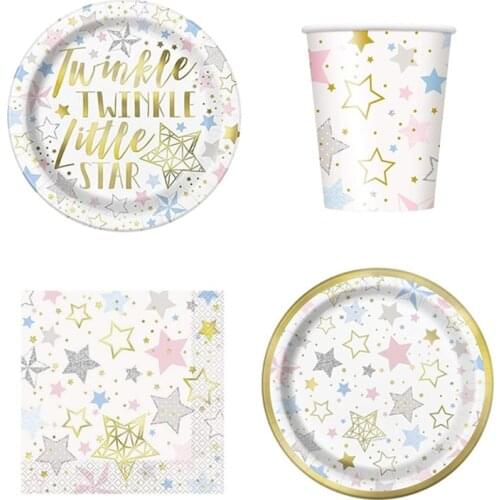 Bronzing Five-pointed Star Series Twinkle Paper Plates Napkin Straw Disposable Tableware Set Birthday Party Supply Decoration