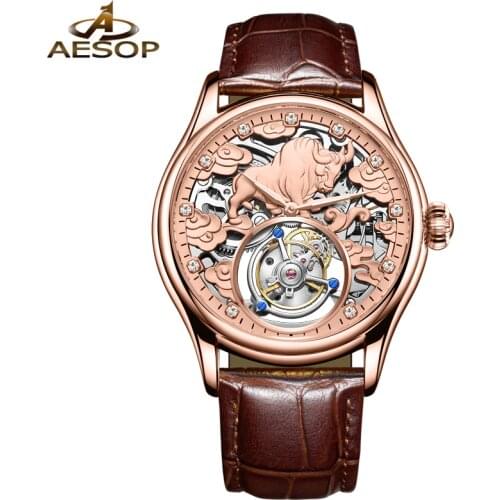 AESOP Brand Luxury Original Tourbillon Mechanical Watch Men Fashion 3D Bull Waterproof Automatic Wristwatches Relogio Masculino