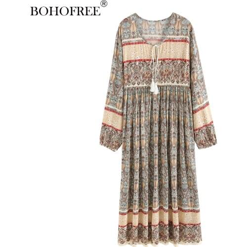 Boho Long Tunic Vestidos V Neck Long Sleeve Tassels Rayon Cotton Totem Print Maxi Hippie Dresses Holiday Women Clothing Dress