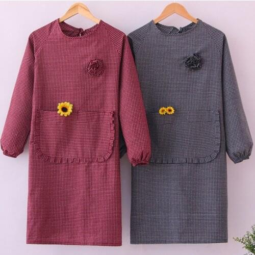 Waist home cotton apron female fashion Korean kitchen cute long-sleeved cotton and linen anti-oil thickening cooking gown