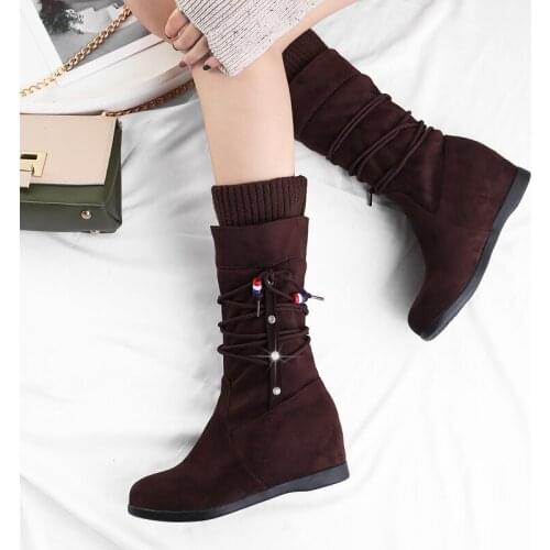 Cashmere Round Suede Mid-boots Plus Autumn And Winter Increased Wedge Heel Boots Wild Comfortable Womens Winter Shoes