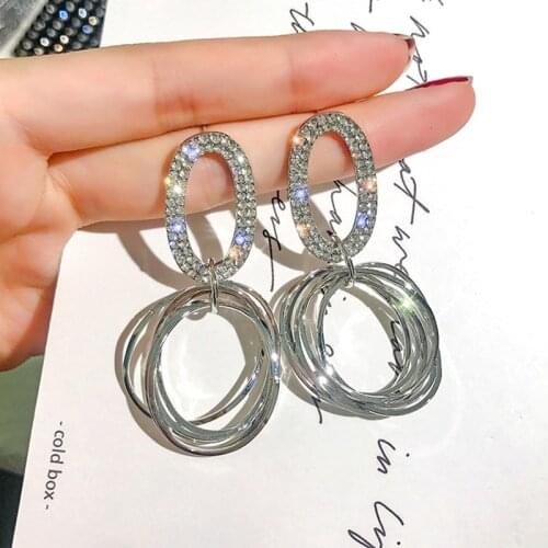Multi-layer Irregular Oval Drop Earrings Female Fashion French Shining Rhinestone Geometric Dangle Earings Long Women Jewelry
