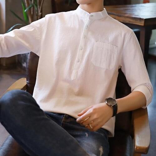Men Casual Stand Collar Blouse Three-quarter Sleeve Cotton Linen Shirt Male Top