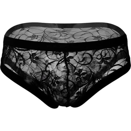 Gay Mens Erotic Sexy Underwear Floral Lace Transparents Briefs Low Waist Elasitc Waistband Lingerie See-through Mesh Underpants