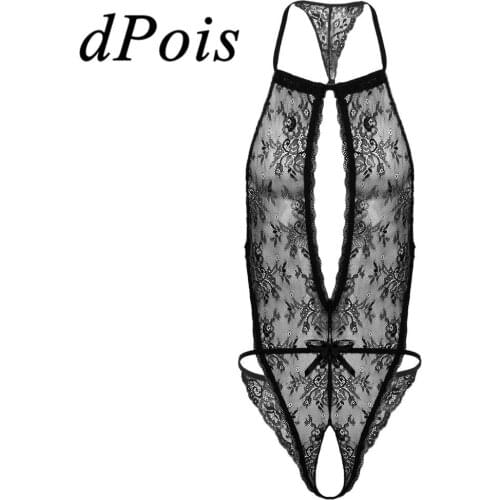 Men Sissy One-piece Lace Floral Lingerie Gay Homme Lace Bodysuit Halter Neck Backless Open Crotch Male Sexy Bodysuit Nightwear