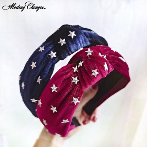Solid Color Woman Drilling Stars Knotted Wide Side Velvet Hairbands Fashion Cloth Headbands Korean Style Simple Hair Accessories