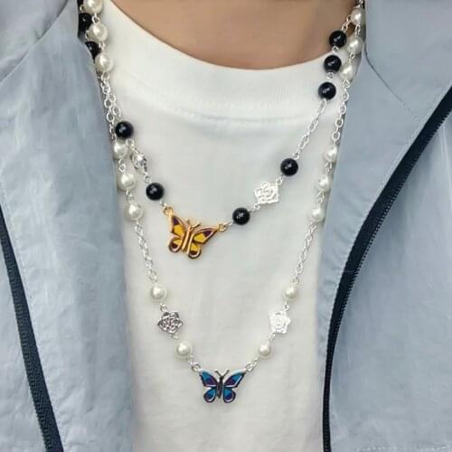 New Rose Blue Butterfly Pearl Necklace Trend Hip Hop Men and Women Short Wild Sweater Chain Couple Ins