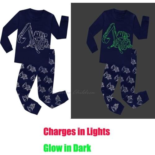 Boys Excavator Cartoon Pajamas Sets Kids Autumn Children Glow in the Dark Sleepwear Kids Cotton Clothes Suit Full Sleeve Pyjama