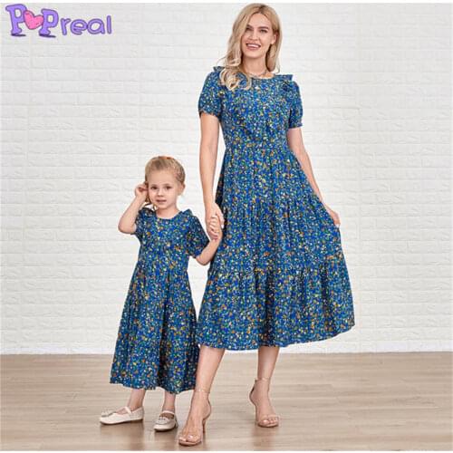 PopReal Summer Parent-Child Outfit Girl Family Dress Mom And Daughter Skirt Print Pleated Mother Kids Ruffle Short Sleeve Dress
