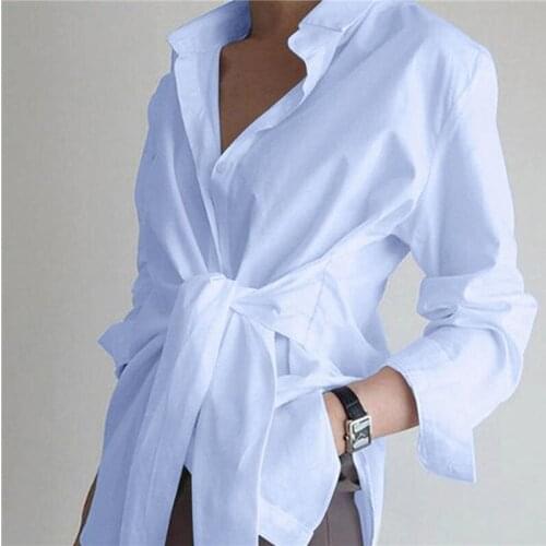 Spring New Women Blouse Turn Down Collar Button Sashes Design Shirts Casual Solid Color Antumn Long Sleeve Female Blouse Tops