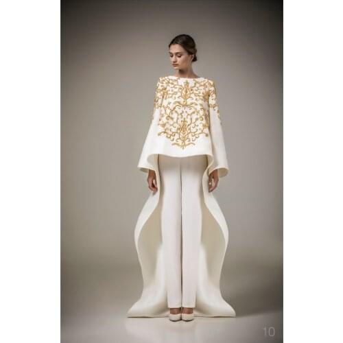 Vintage Long Sleeve Arabic Robe Muslim Formal Evening Dresses 2015 Golden Embroidery Flowers White Stain Coat Pants Prom Gowns