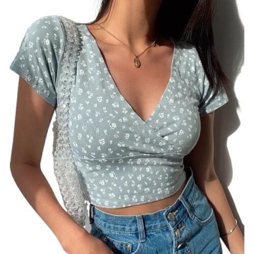 Womens Clothing Summer New Fashion Womens V-neck Flower Print Short-sleeved Skinny Slim Bodycon T-shirt Plus Size Tee