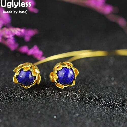 Uglyless Delicate Handmade Lotus Long Earrings for Women Ethnic Lapis Lotus Floral Earrings 925 Silver Brincos Fine Jewel E1691