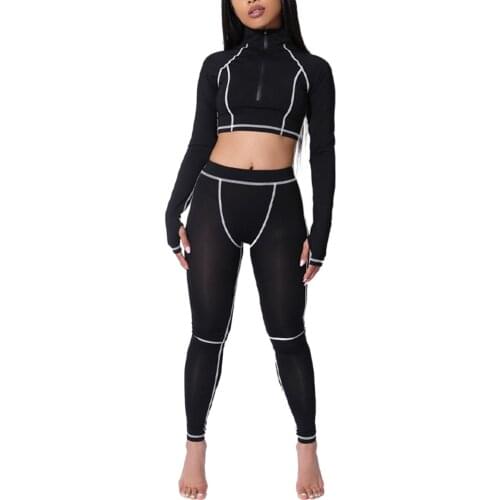 2020 Women Hot Fashion 2 Piece Suits Zipper Neck Long Sleeve Casual Ladies Crop Top High Waist Leggings Fitness Outfits Female