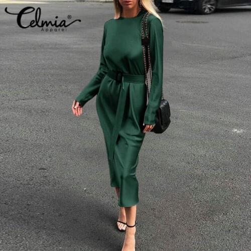 Women 2021 Fashion Satin Dresses Celmia Casual Loose O-neck Silk Party Long Midi Vestido Solid Long Sleeve Belted Robe Femme 5XL