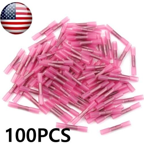 100PCS Red Heat Shrink Crimp Terminals Waterproof Insulated Seal Butt Electrical Wire Connectors 22-16 AWG Kit