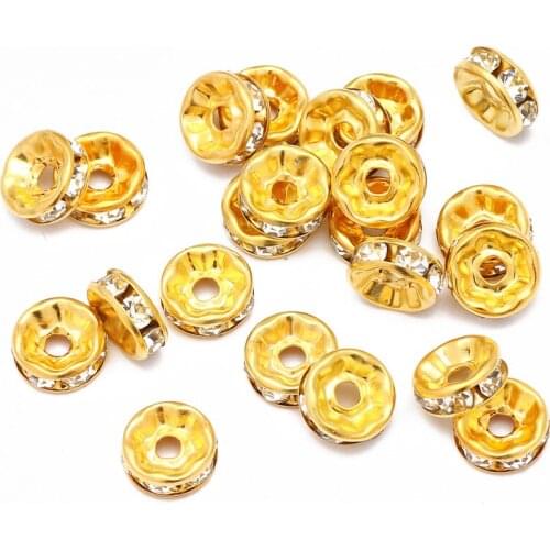4/6/8/10mm 50/100pcs Gold Rhinestone Rondelle Spacer Beads Loose Crystal Beads For Jewelry Making DIY Bracelet Accessories
