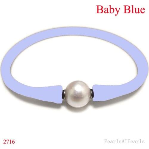 6.5 inches 10-11mm One AA Natural Round Pearl Baby Blue Elastic Rubber Silicone Bracelet For Men